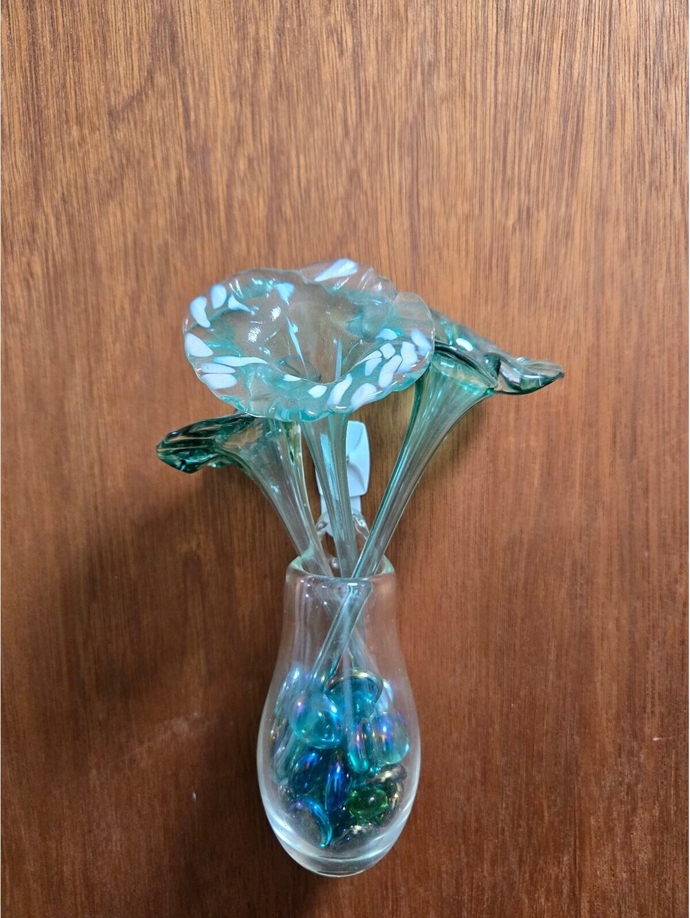 Hand Blown Glass Flower Bouquet Wall Pocket Vase Teal White Speckled Art Glass